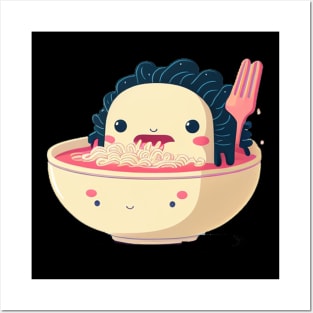 Axolotl eating ramen anime kawaii Posters and Art